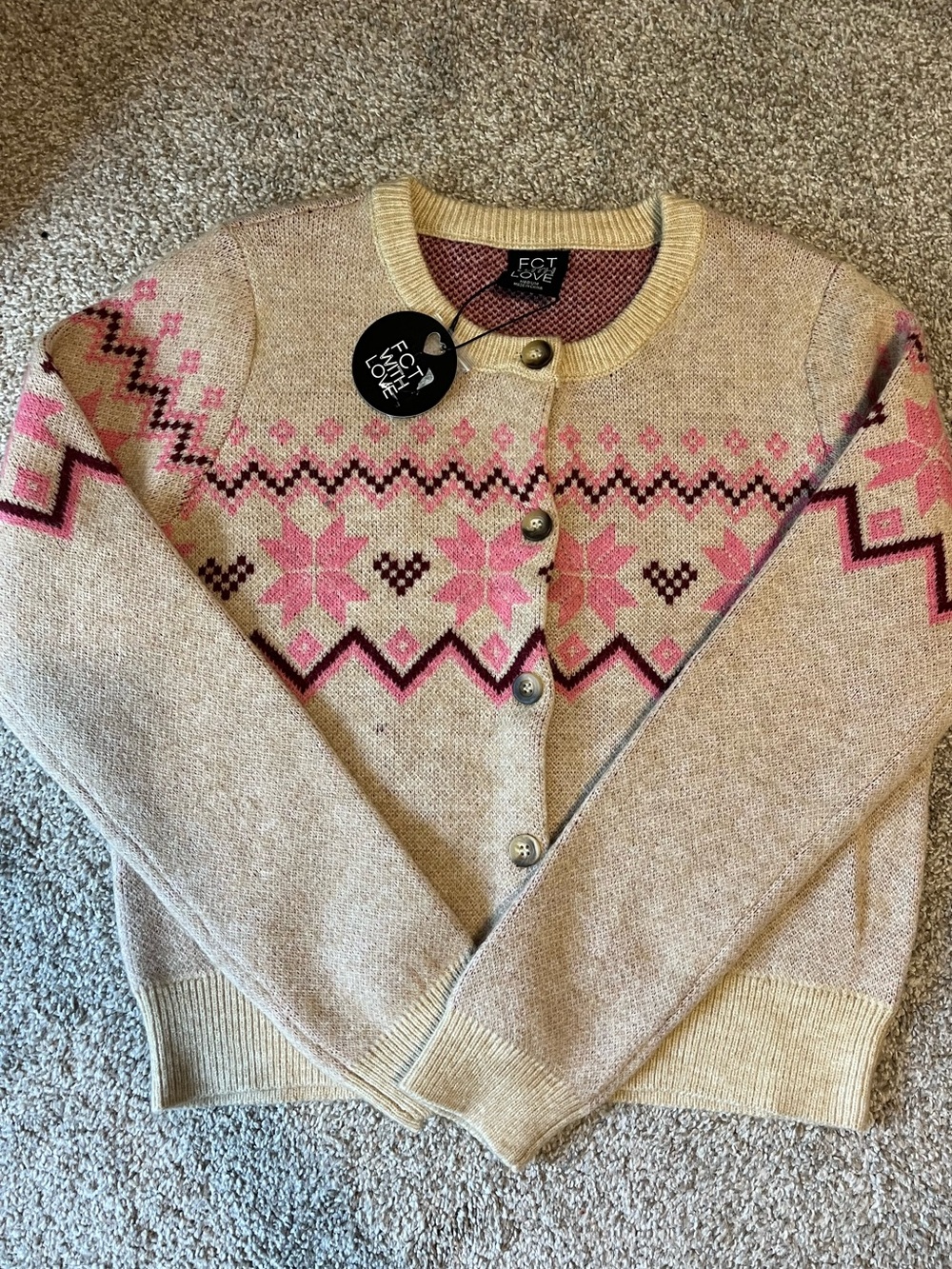 FCT Love Cream/Tan and Pink Fair Isle Button Cardigan Sz M NWT